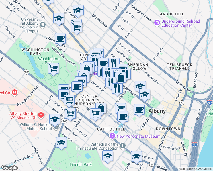 map of restaurants, bars, coffee shops, grocery stores, and more near State Street in Albany