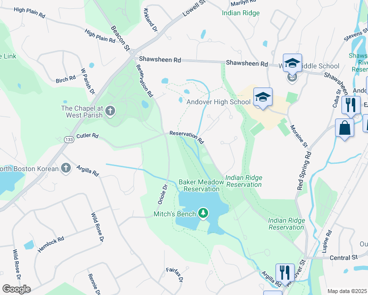 map of restaurants, bars, coffee shops, grocery stores, and more near Baker's Meadow Trail in Andover