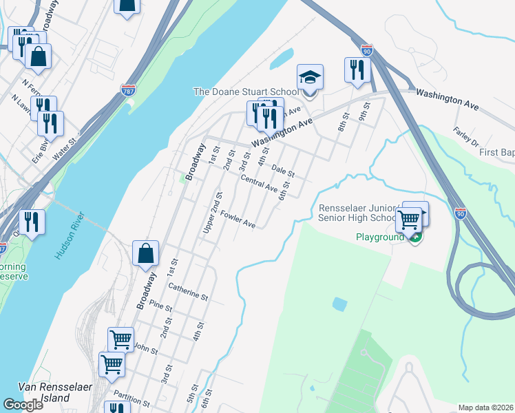 map of restaurants, bars, coffee shops, grocery stores, and more near 1504 4th Street in Rensselaer