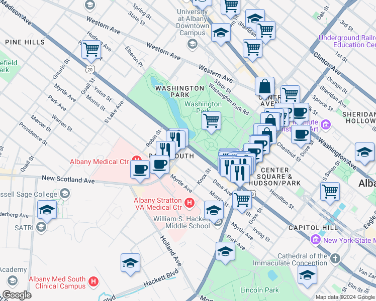map of restaurants, bars, coffee shops, grocery stores, and more near 552 Madison Avenue in Albany