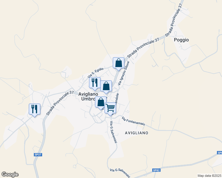 map of restaurants, bars, coffee shops, grocery stores, and more near 117 Via Roma in Avigliano Umbro