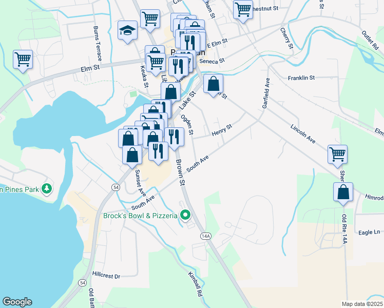 map of restaurants, bars, coffee shops, grocery stores, and more near 132 Ogden Street in Penn Yan