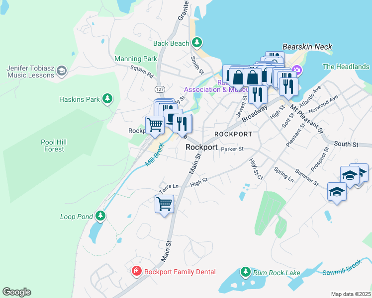 map of restaurants, bars, coffee shops, grocery stores, and more near 2 Pooles Lane in Rockport