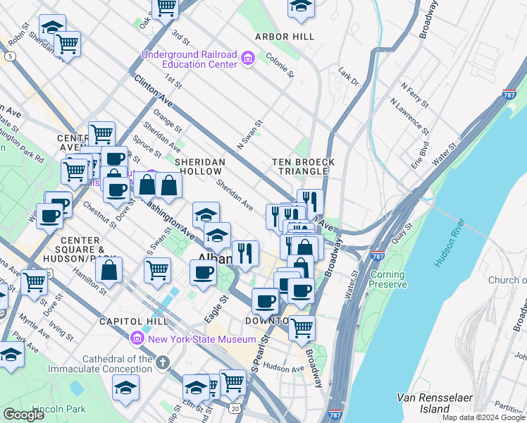 map of restaurants, bars, coffee shops, grocery stores, and more near 56 Sheridan Avenue in Albany