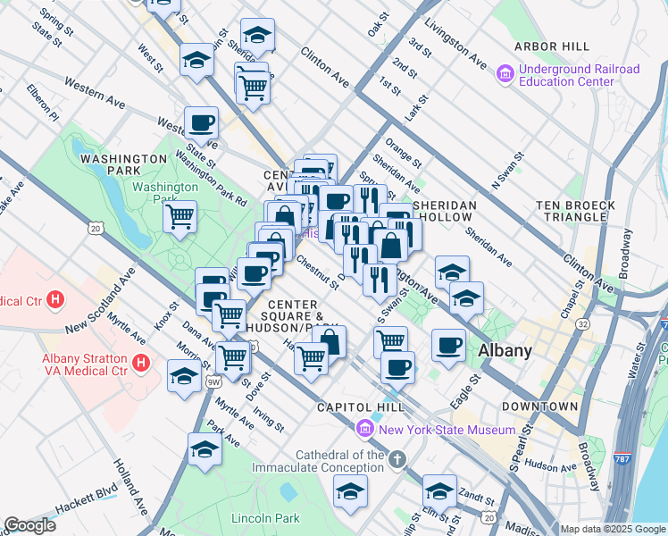 map of restaurants, bars, coffee shops, grocery stores, and more near in Albany