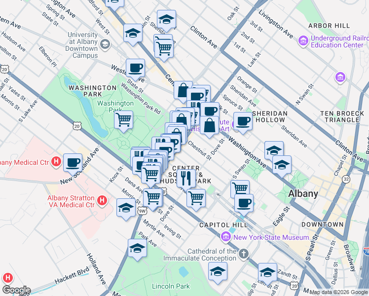 map of restaurants, bars, coffee shops, grocery stores, and more near 222 Jay Street in Albany