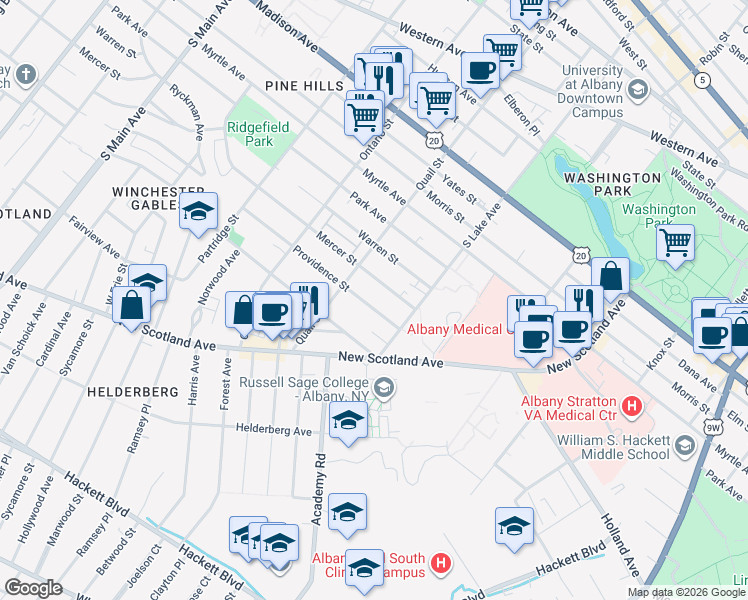 map of restaurants, bars, coffee shops, grocery stores, and more near 555 Providence Street in Albany