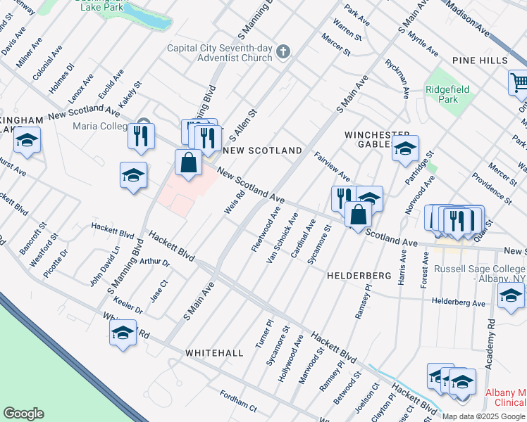 map of restaurants, bars, coffee shops, grocery stores, and more near 19 Fleetwood Avenue in Albany