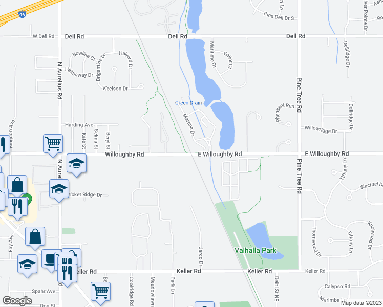 map of restaurants, bars, coffee shops, grocery stores, and more near 4215 East Willoughby Road in Delhi charter Township