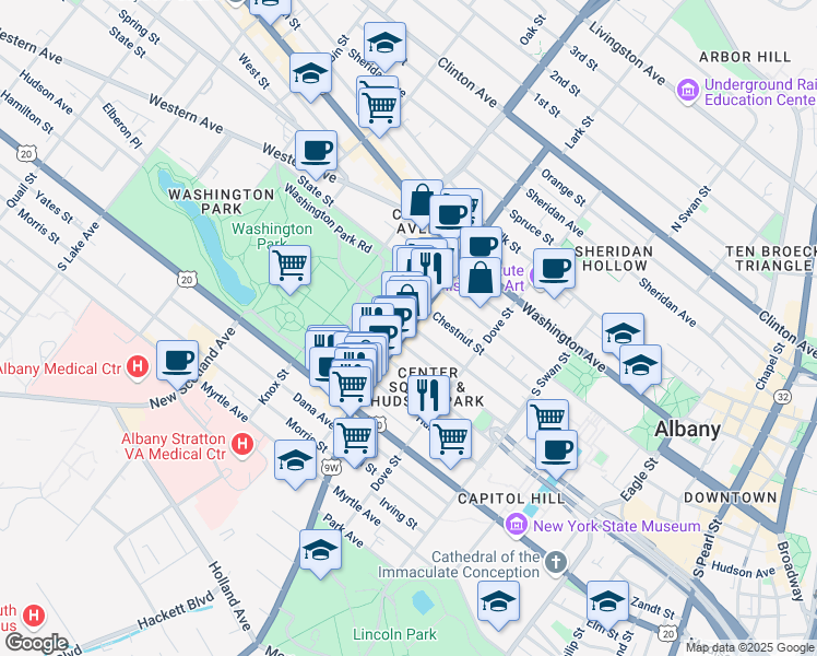 map of restaurants, bars, coffee shops, grocery stores, and more near 235 Lark Street in Albany