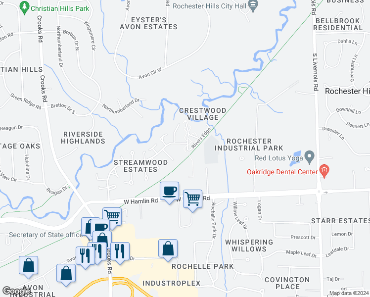 map of restaurants, bars, coffee shops, grocery stores, and more near 1571 Streamwood Court in Rochester Hills