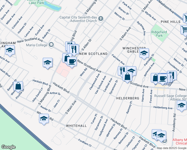 map of restaurants, bars, coffee shops, grocery stores, and more near 19 Fleetwood Avenue in Albany