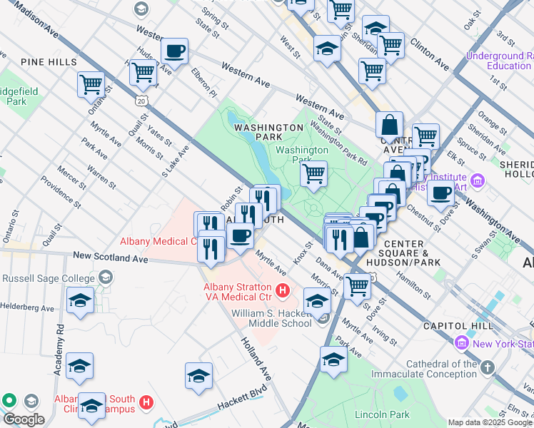 map of restaurants, bars, coffee shops, grocery stores, and more near 109 Dana Avenue in Albany