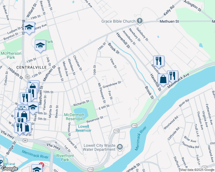 map of restaurants, bars, coffee shops, grocery stores, and more near 38 Fox Street in Dracut