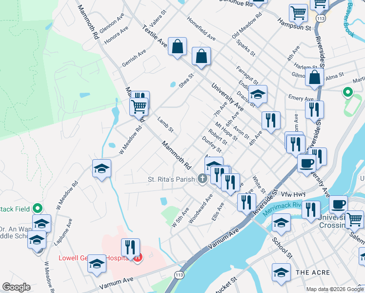 map of restaurants, bars, coffee shops, grocery stores, and more near 22 Beatrice Avenue in Lowell