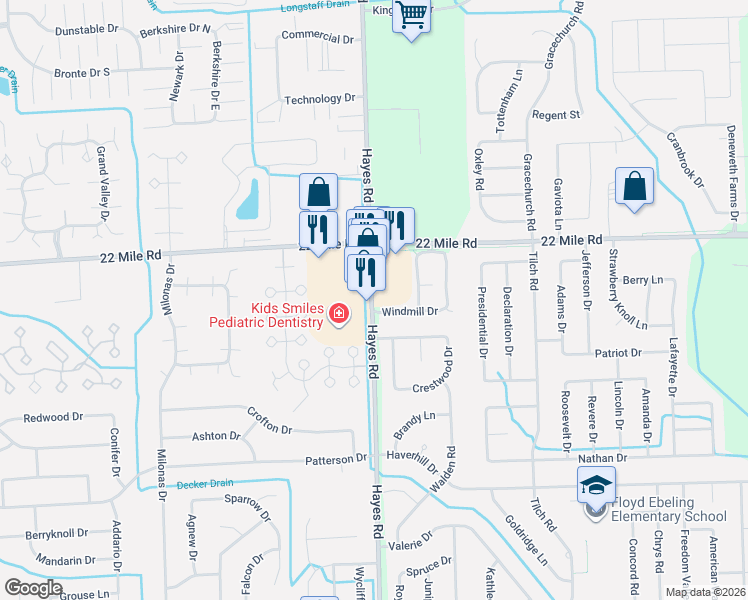map of restaurants, bars, coffee shops, grocery stores, and more near 48924 Hayes Road in Macomb County