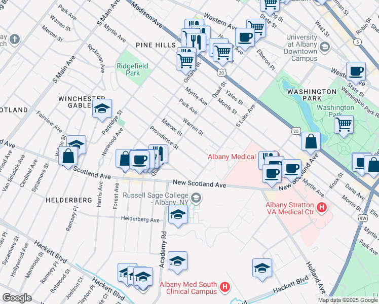 map of restaurants, bars, coffee shops, grocery stores, and more near 362 Quail Street in Albany