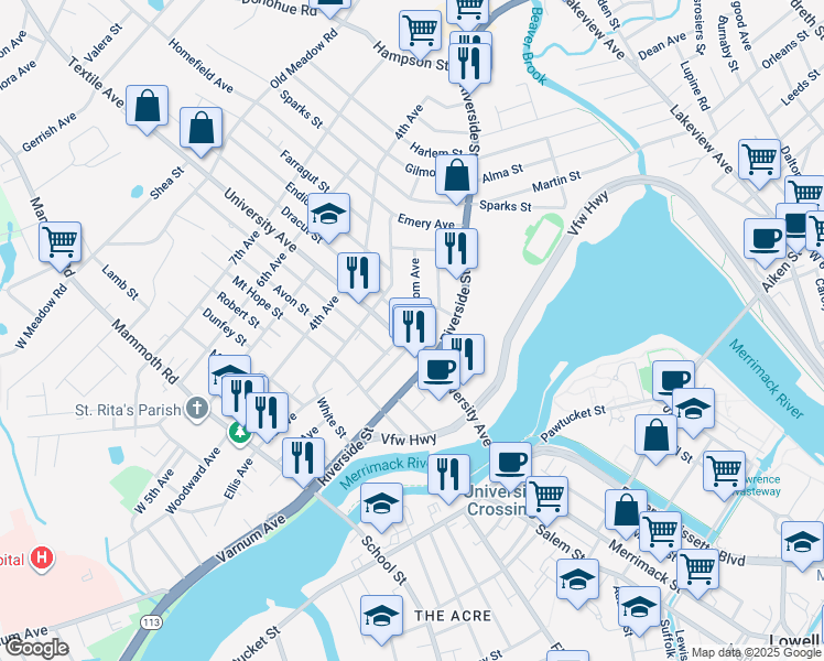 map of restaurants, bars, coffee shops, grocery stores, and more near 57 Woodcock Street in Lowell