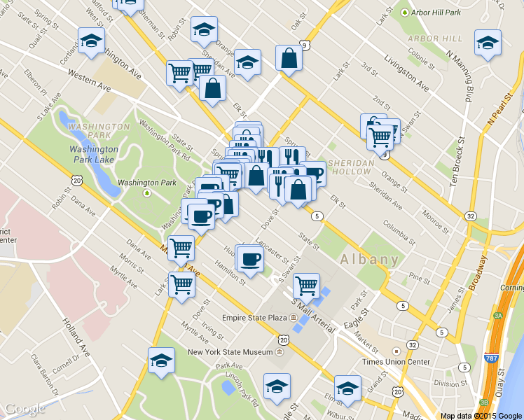 map of restaurants, bars, coffee shops, grocery stores, and more near 18 Spring Street in Albany
