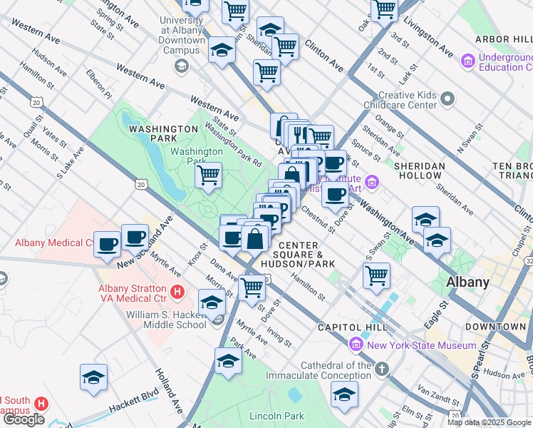map of restaurants, bars, coffee shops, grocery stores, and more near 285 Lancaster Street in Albany