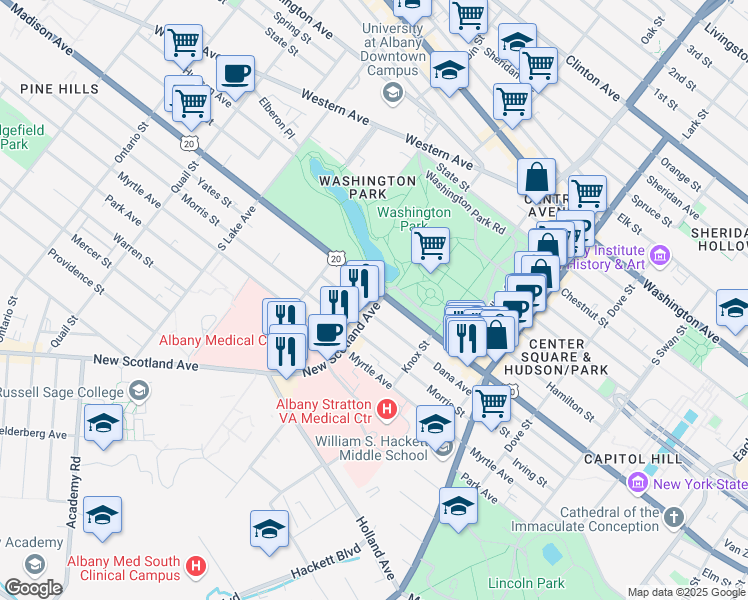 map of restaurants, bars, coffee shops, grocery stores, and more near 584 U.S. 20 in Albany