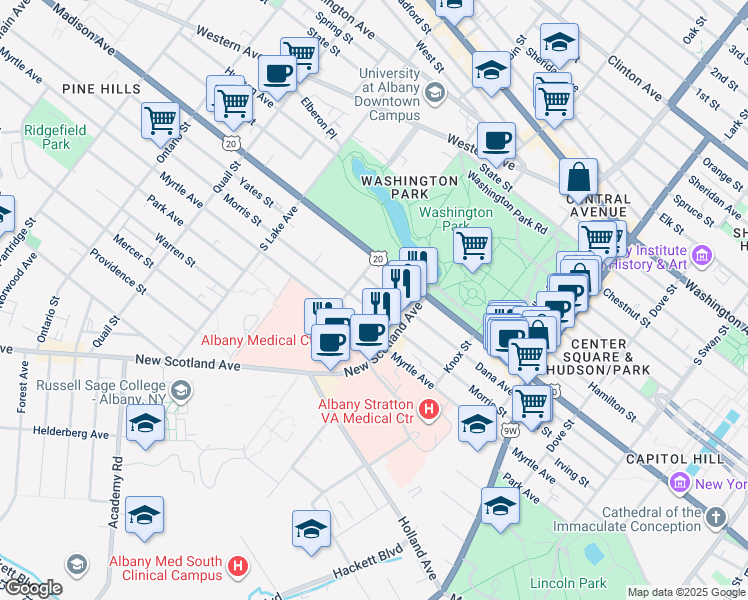 map of restaurants, bars, coffee shops, grocery stores, and more near 161 Dana Avenue in Albany