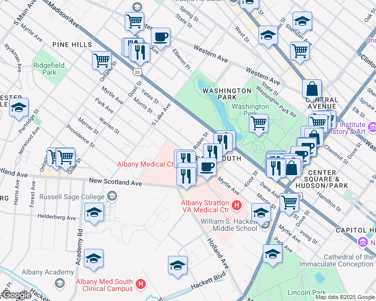 map of restaurants, bars, coffee shops, grocery stores, and more near 229 Morris Street in Albany
