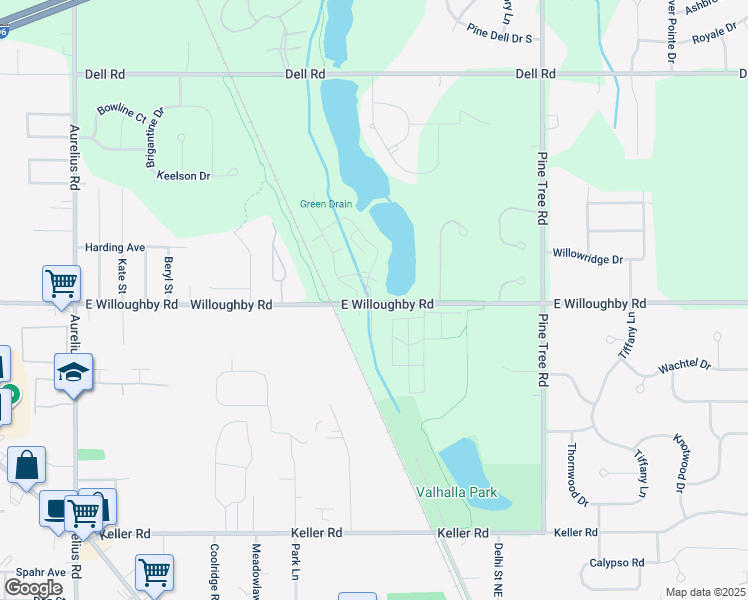 map of restaurants, bars, coffee shops, grocery stores, and more near Sycamore Trail in Lansing