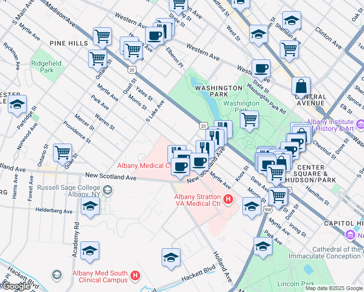 map of restaurants, bars, coffee shops, grocery stores, and more near 441 Myrtle Avenue in Albany