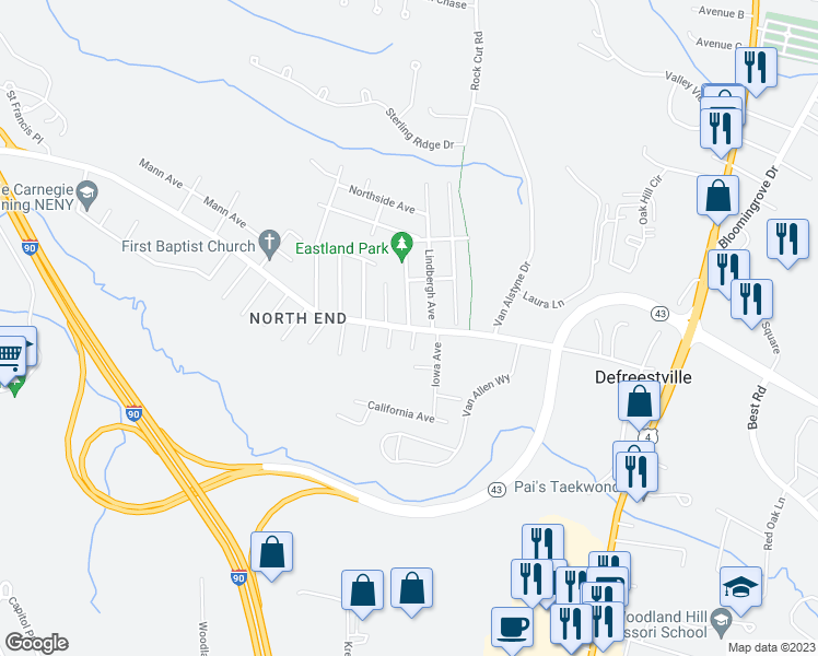 map of restaurants, bars, coffee shops, grocery stores, and more near 1 Lakeview Avenue in Rensselaer