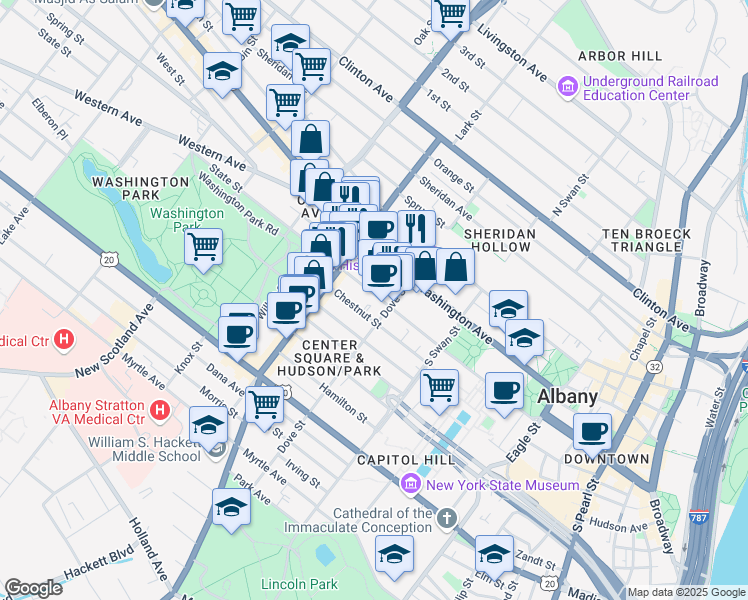 map of restaurants, bars, coffee shops, grocery stores, and more near 308 State Street in Albany