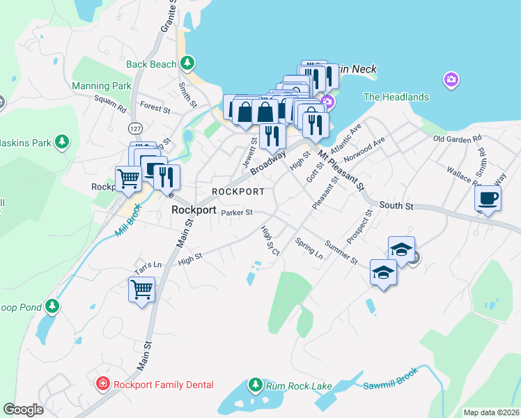 map of restaurants, bars, coffee shops, grocery stores, and more near 32 High Street in Rockport