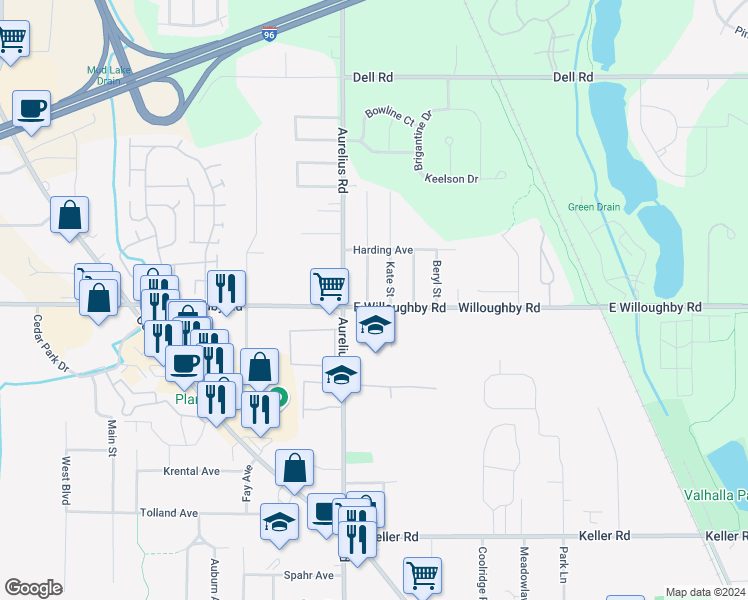 map of restaurants, bars, coffee shops, grocery stores, and more near 4466 East Willoughby Road in Delhi charter Township