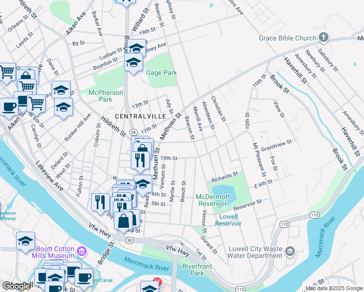 map of restaurants, bars, coffee shops, grocery stores, and more near 10 Beacon Street in Lowell