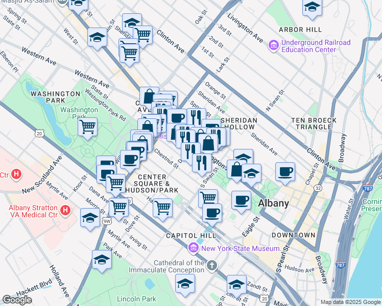 map of restaurants, bars, coffee shops, grocery stores, and more near 150 New York 5 in Albany