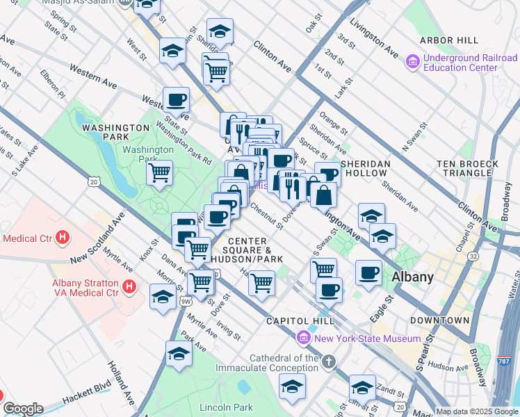 map of restaurants, bars, coffee shops, grocery stores, and more near 342 State Street in Albany