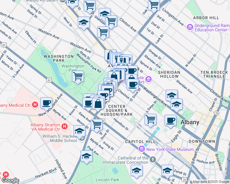 map of restaurants, bars, coffee shops, grocery stores, and more near 235 Lark Street in Albany