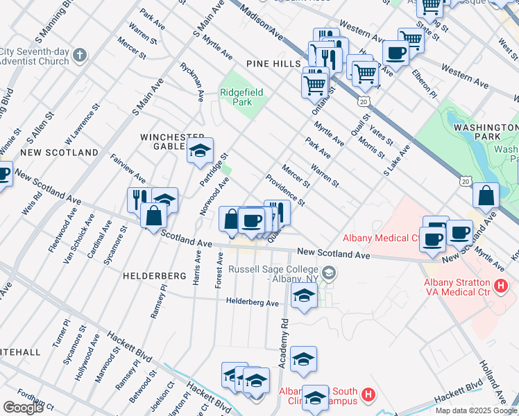 map of restaurants, bars, coffee shops, grocery stores, and more near 117 Woodlawn Avenue in Albany