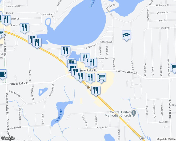 map of restaurants, bars, coffee shops, grocery stores, and more near 4240 Pontiac Lake Road in Waterford Township