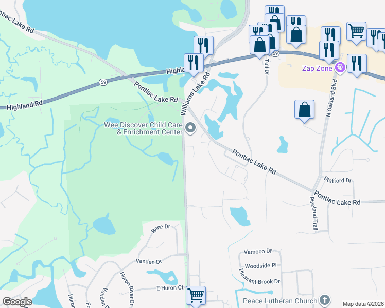 map of restaurants, bars, coffee shops, grocery stores, and more near 840 North Williams Lake Road in Waterford Township