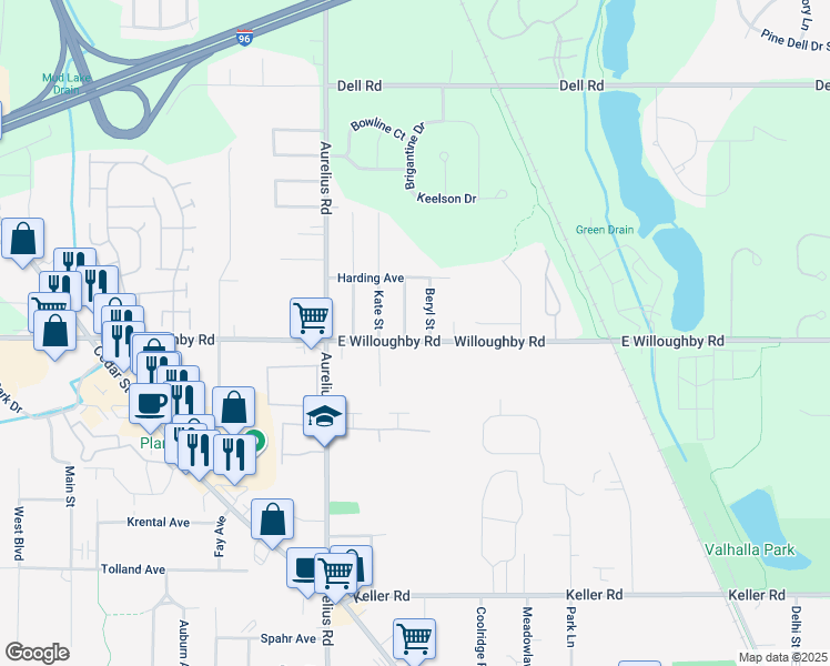 map of restaurants, bars, coffee shops, grocery stores, and more near 2525 Selma Street in Delhi charter Township
