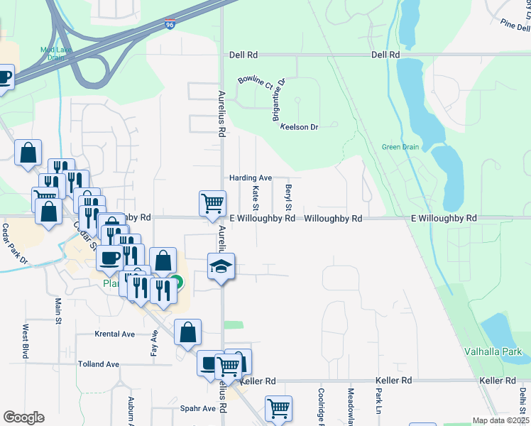 map of restaurants, bars, coffee shops, grocery stores, and more near 2525 Selma Street in Delhi charter Township