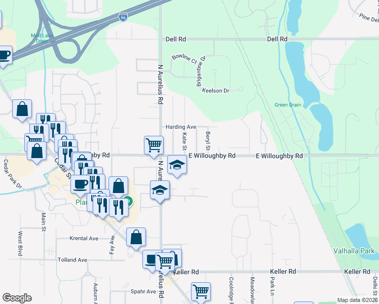 map of restaurants, bars, coffee shops, grocery stores, and more near 2525 Selma Street in Delhi charter Township