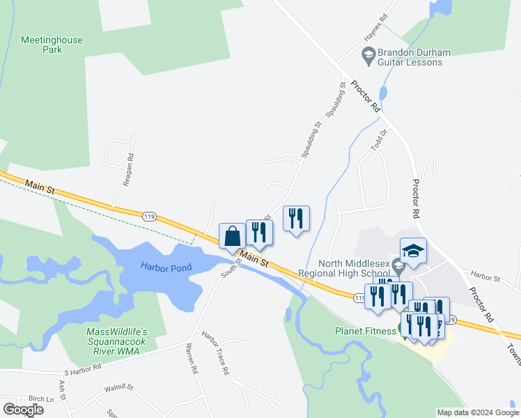 map of restaurants, bars, coffee shops, grocery stores, and more near 14 Spaulding Street in Townsend