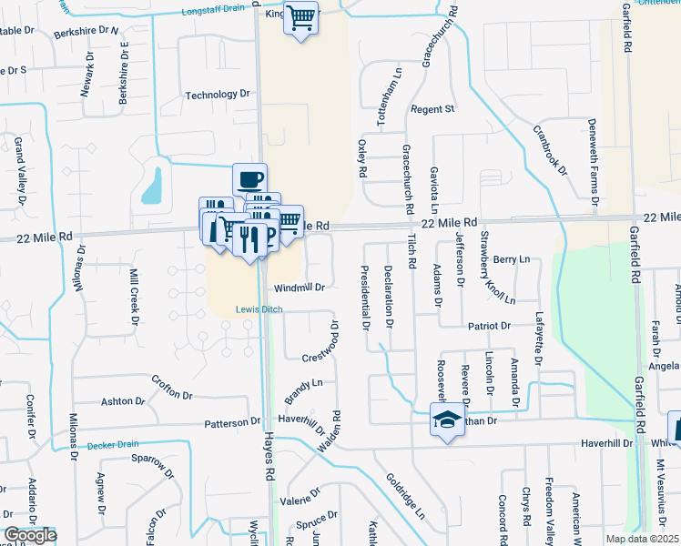 map of restaurants, bars, coffee shops, grocery stores, and more near 15380 Windmill Circle West in Macomb