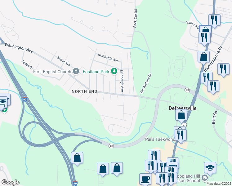 map of restaurants, bars, coffee shops, grocery stores, and more near 24 Lakeview Avenue in Rensselaer