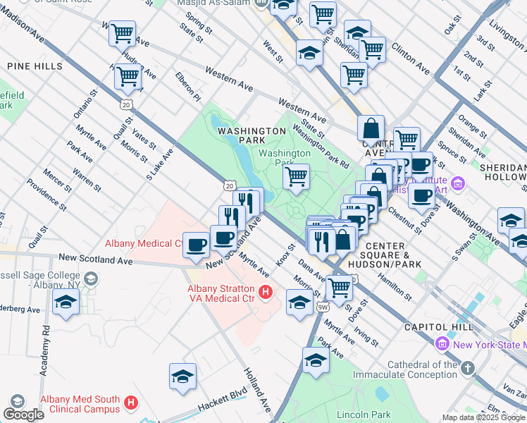 map of restaurants, bars, coffee shops, grocery stores, and more near Madison Avenue & New Scotland Avenue in Albany
