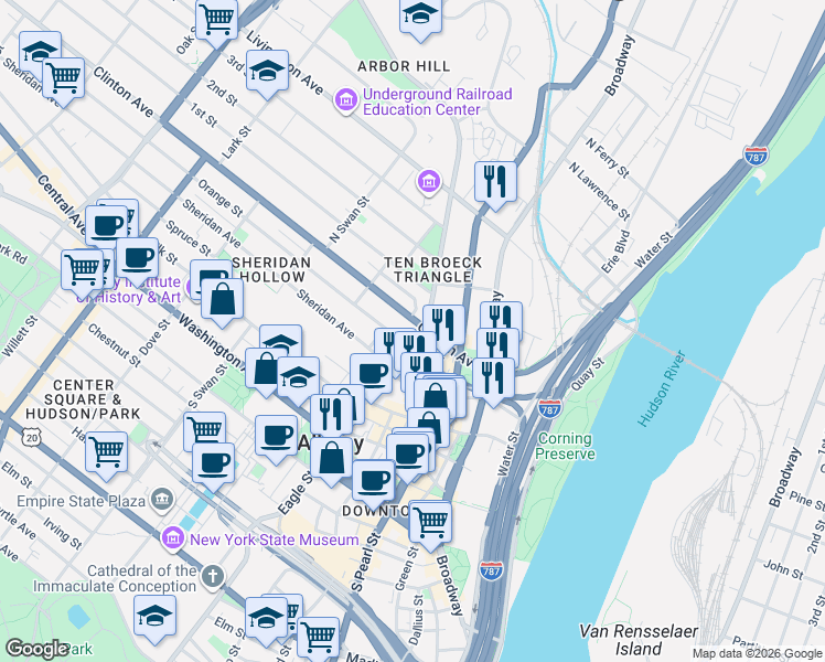map of restaurants, bars, coffee shops, grocery stores, and more near in Albany