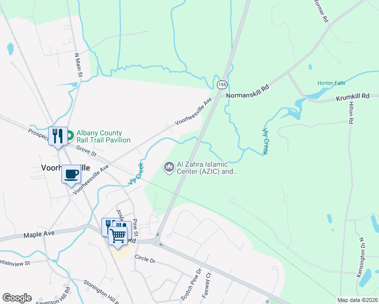 map of restaurants, bars, coffee shops, grocery stores, and more near 89 State Farm Road in Voorheesville