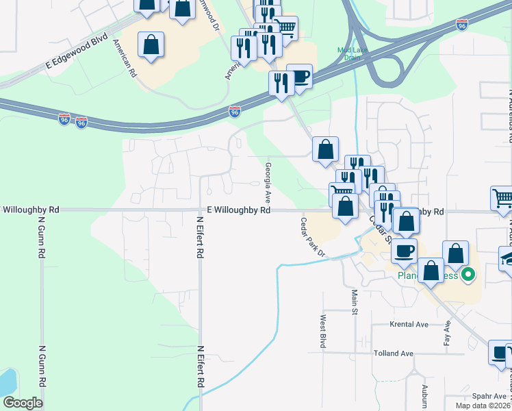 map of restaurants, bars, coffee shops, grocery stores, and more near 927 East Willoughby Road in Holt